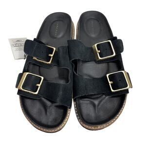 ZARA HOME Black Suede Leather Double Buckle Strap Slides Sandals Size 10 NWT